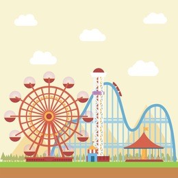 amusement park with mountain view in the background