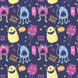 seamless vector pattern with cute monsters, speech bubbles, hearts and inscriptions.