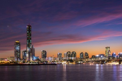 seoul city at night and han river, yeouido, south korea.