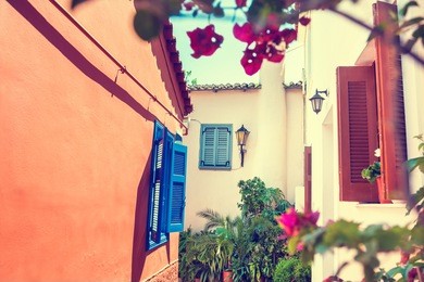 beautiful street in athens, greece. creative vintage filter, retro effect