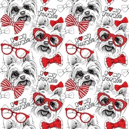 seamless pattern with image of a dog york, bows, glasses, tie. vector illustration.