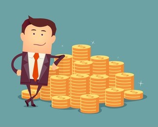 vector illustration of businessman proudly standing with money staircase. flat style business concept