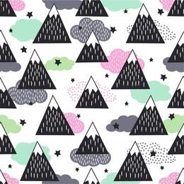 seamless pattern with geometric snowy mountains, clouds and stars. graphic nature illustration. abstract mountains background.