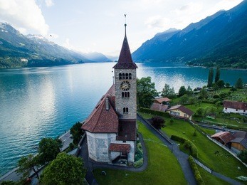 brienz church, view from a drone, interlaken, switzerland