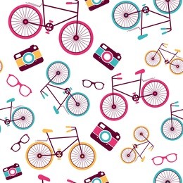 vector bicycle texture, hipster background. multicolored bikes ornament in trendy bright color