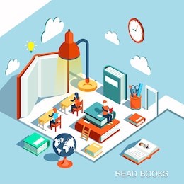 the concept of learning, read books in the classroom, isometric flat design vector