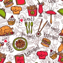 cafe bar fast food hamburger chips symbols seamless restaurant wrap paper pattern doodle sketch abstract vector illustration