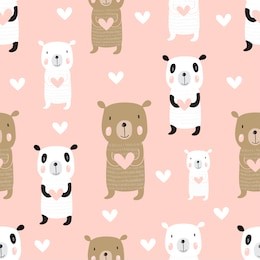 seamless pattern with cute cartoon bears: panda, brown bear and polar bear holding hearts. vector background.