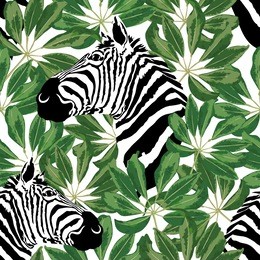 zebra and palm leaves. seamless pattern. vector background.