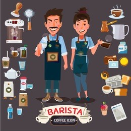 happy barista man and women holding cup and jug. character design with set of coffee and barista's equipment - vector illustration