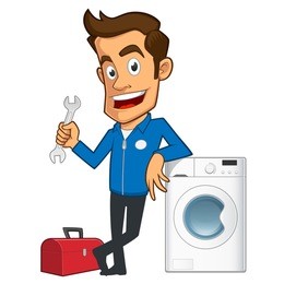 appliance repair expert, he has a toolbox and a washing machine