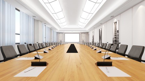 big table in a bright modern conference room (3d rendering)