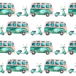 watercolor hippie camper van and scooter background.  hand painted seamless pattern