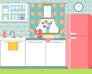 flat retro kitchen in rustic style. vector illustration