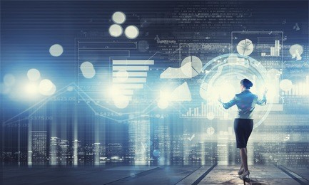 back view of businesswoman working with modern virtual technologies