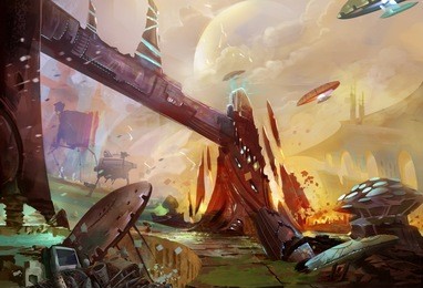 illustration: the future earth - a trash planet - occupied by aliens and robots. removed the huge robot. realistic style. sci-fi topic. scene / wallpaper / background design.