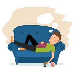 man sleep on sofa. couch and male, person adult, relaxation indoor. vector illustration