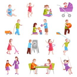 children playing indoors and outside flat characters set isolated vector illustration