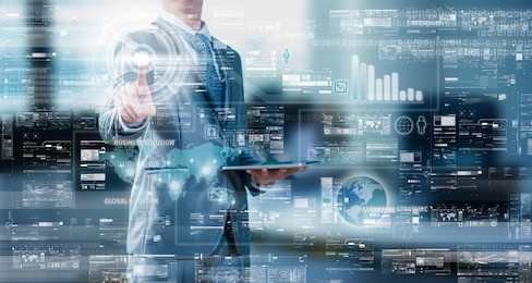 businessman press on digital screen, digital layer effect, business strategy concept