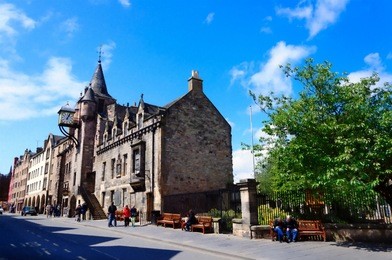 digital oil pastel sketch from a photograph of the people's story museum. housed in the canongate tolbooth, an historic landmark, built in 1591, located on the royal mile, edinburgh, scotland