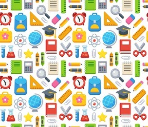 colorful school seamless pattern. books, supplies and learning symbols.