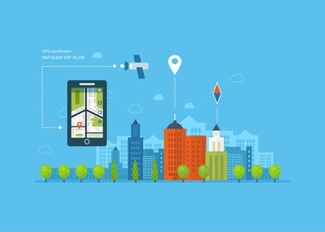 vector illustration concept of  holding smart-phone with mobile navigation. flat design modern vector illustration icons set of urban landscape and city life. building icon.
