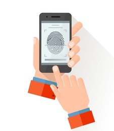 hand holding smart phone with process of scanning fingerprint on the screen. flat style vector illustration
