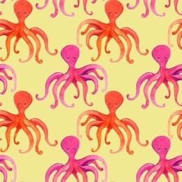 watercolor baby seamless pattern with colourful cartoon octopus on colored background. hand painting on paper