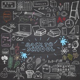back to school supplies sketchy notebook doodles set with lettering, hand-drawn vector illustration design elements on lined sketchbook on chalkboard background.