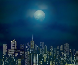 vector city skylines with cloudy moonlight