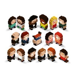 group of isometric pixel art characters