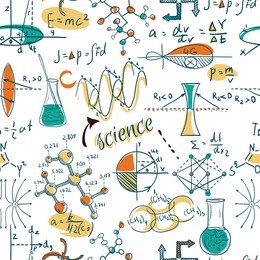 back to school: science lab objects doodle vintage style sketches seamless pattern, vector illustration.