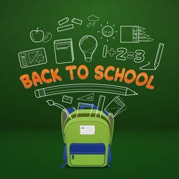 vector illustration of  school bag and school supplies outline  flowing on green background