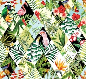exotic beach trendy seamless pattern, patchwork illustrated floral vector tropical banana leaves, hibiscus flower, lilies, plumeria. jungle parrots and pink flamingos wallpaper print background mosaic
