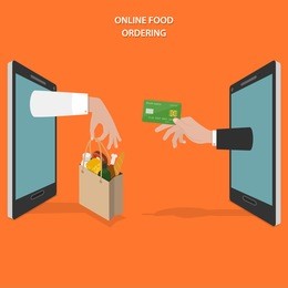 online food ordering flat vector concept. hands of delivery man and customer appear from smartphone screen.