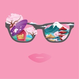 vision of travel to japan, showing temple, sakura, fuji mountain, kimono.