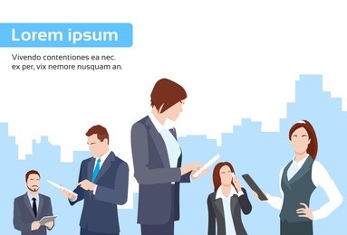 business people group using tablet computer internet communication flat vector illustration
