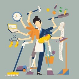 vector illustration in super mom concept, many hands working with very busy business and housework part, feeding baby, cleaning house, cooking, doing washing, working with laptop. flat design.   