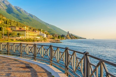 beautiful peaceful lake garda, italy. sunset.