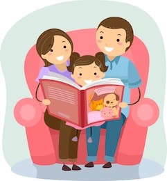 stickman illustration of a family reading a book together