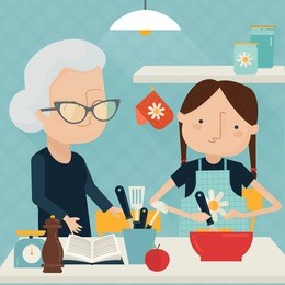 grandmother and girl cooking at home together. vector illustration