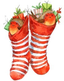 new year background with christmas stocking with gifts and winter bird. watercolor illustration