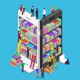 isometric online mobile library vector flat concept. e-books 3d illustration with micro people