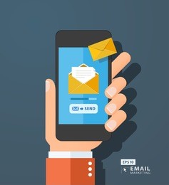 hand holding smart phone in hand with email social network. message send on mobile phone. email marketing. flat style vector illustration