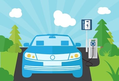 charging an electric car at the power station front view, flat vector illustration