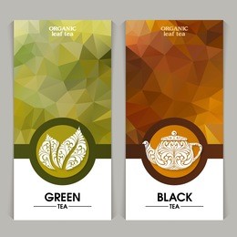 vector set of templates packaging tea, label, banner, poster, identity, branding. abstract color background with ornamental design elements - leaf icon, teapot. stylish design for black and green tea