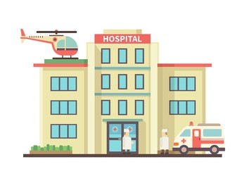 hospital building flat style. ambulance and helicopter, health and care, aid and doctor. vector illustration