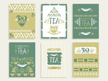 set of cards with the tea, tea leaves, mugs, teapot, berries, ethnic ornaments.