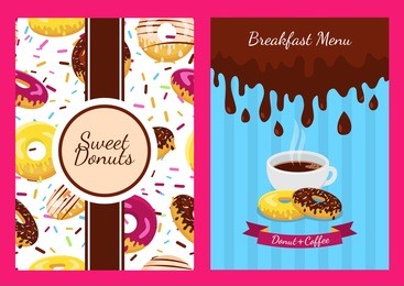 set of vector background and seamless pattern with donuts. abstract concept for cafe, restaurant, breakfast menu, desserts, bakery. flyer, poster, brochure, banner, packaging. food illustration.