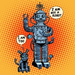 i am not a robot, said robot dog future science fiction retro style